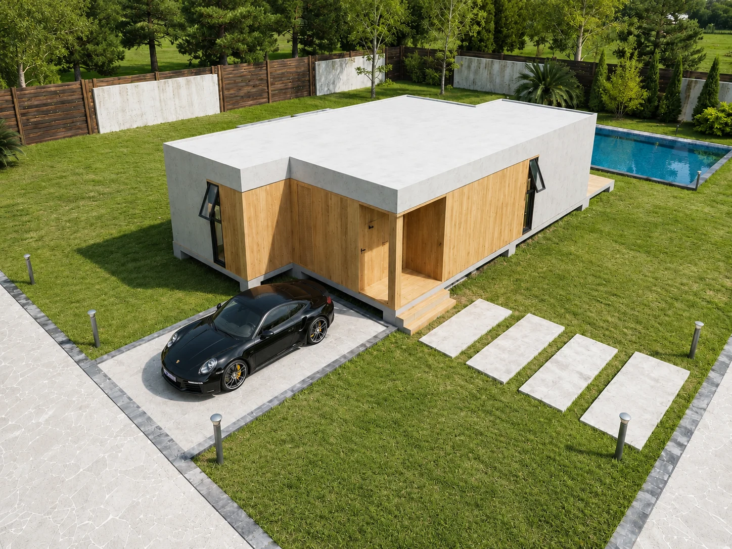 Finished modular building project in a landscaped site