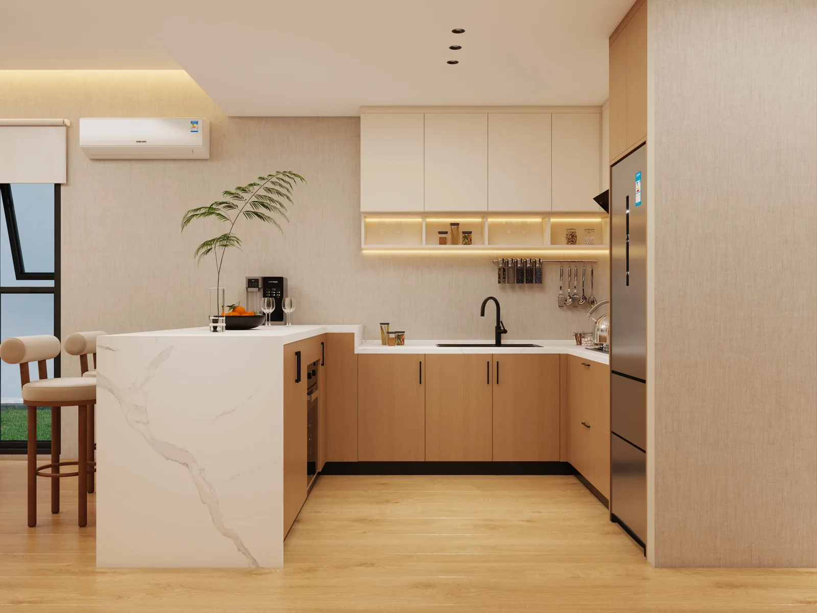 Completed open kitchen interior of Spain modular house project