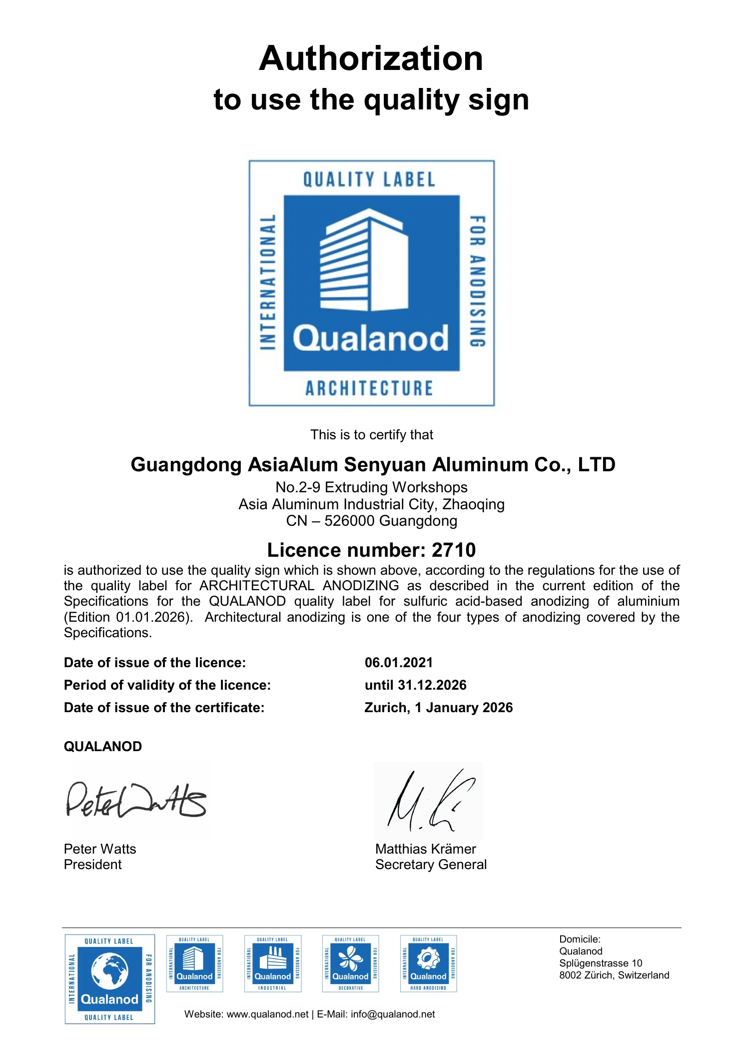 Qualanod 2026 authorization certificate first page