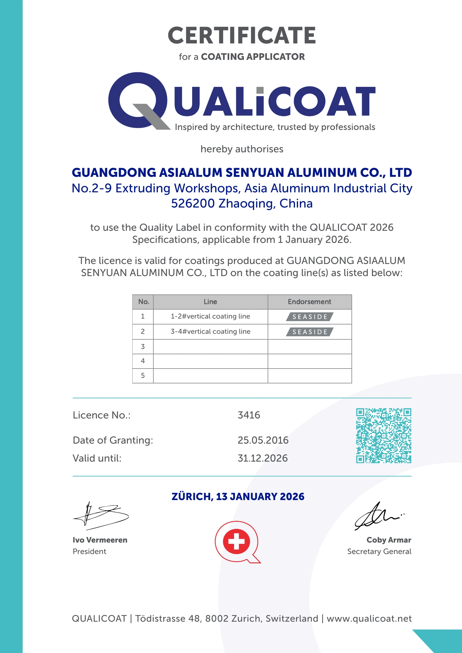 Qualicoat 2026 coating applicator certificate first page