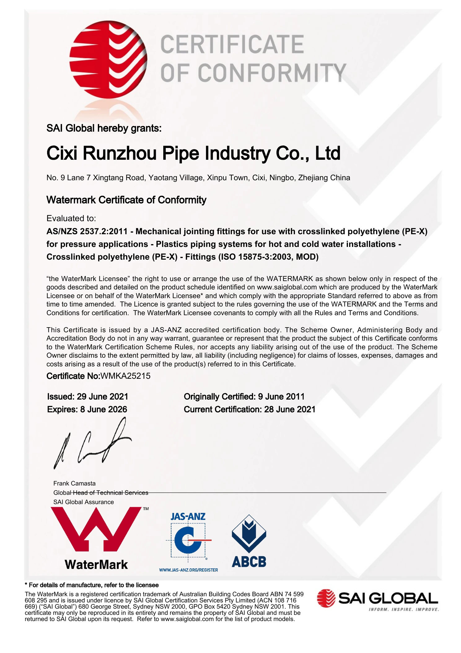 WaterMark copper fittings certificate first page