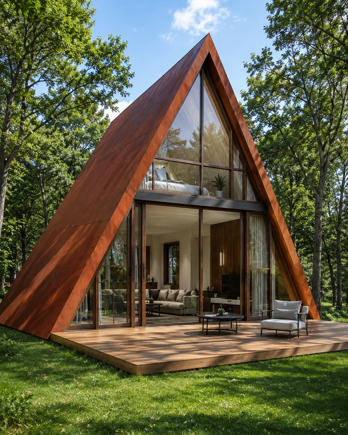 Red-brown custom A-frame modular villa exterior